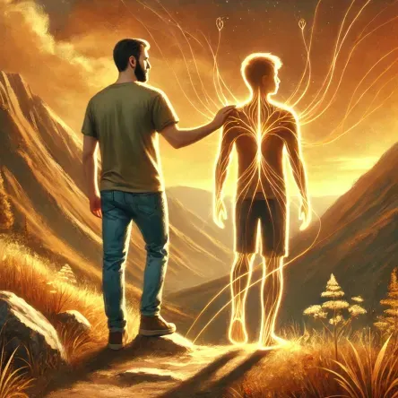 A symbolic digital painting of a father and son standing on a radiant frequency bridge, surrounded by soft glowing light—representing energetic reconnection, healing, and sacral attunement
