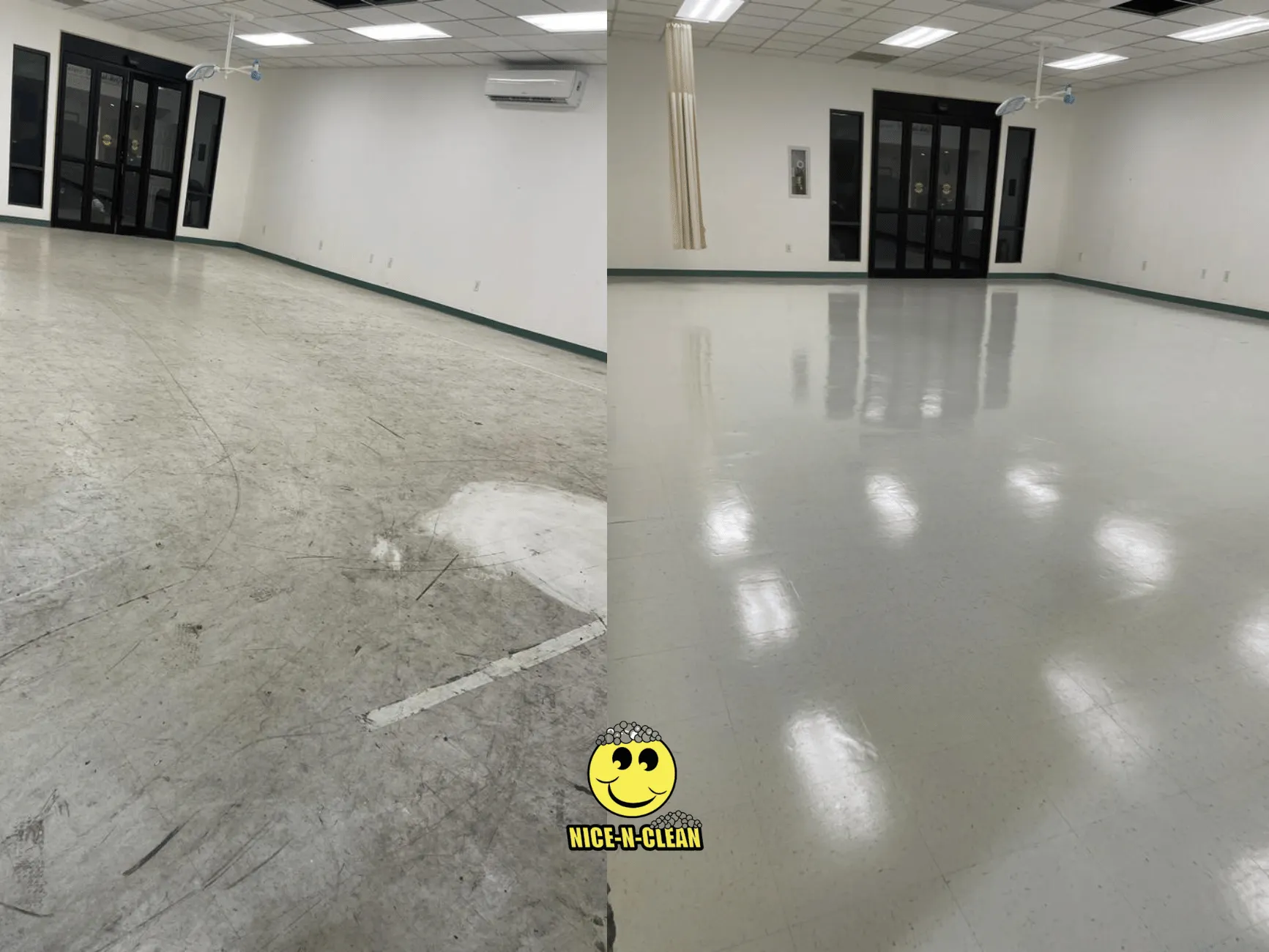 Remarkable before and after VCT cleaning of an entryway.