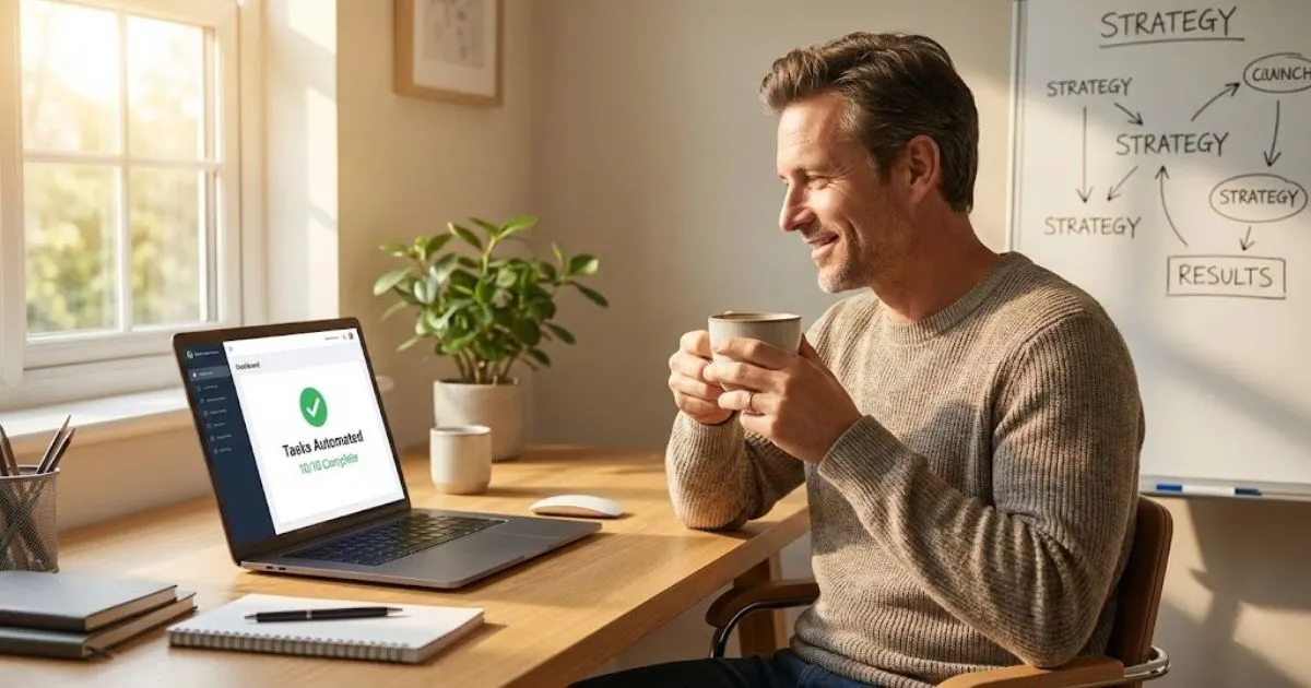 Small business owner smiling at laptop after successful ai implementation, enjoying a streamlined workflow.