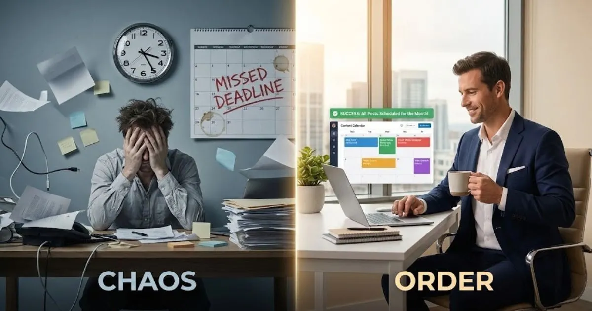 Split screen showing a stressed worker versus a productive entrepreneur using AI for content consistency.