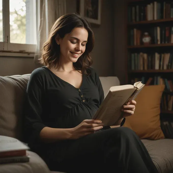 An image of pregnant woman happy and smiling while reading a book