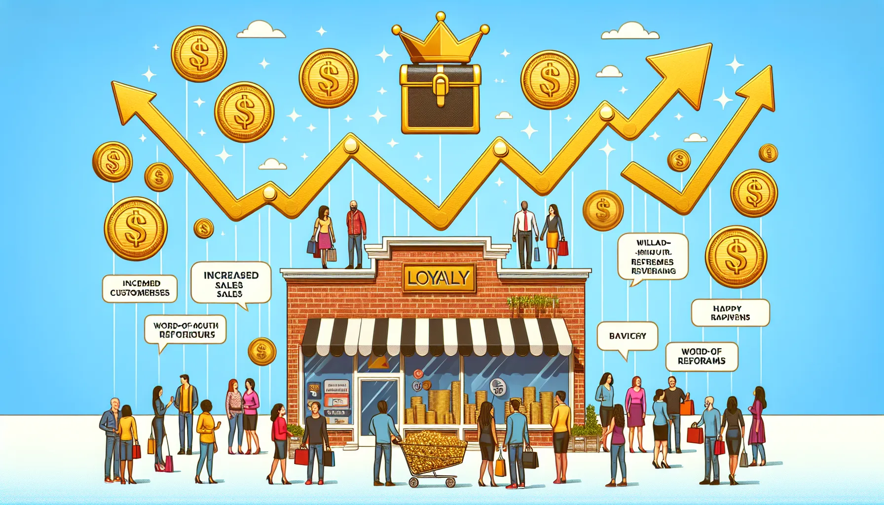 A diverse group of people engaging with a store named "Loyalty". Gold coins, graphs, and icons represent business growth, customer benefits, and success indicators surrounding the store, emphasizing reward programs that drive repeat purchases.