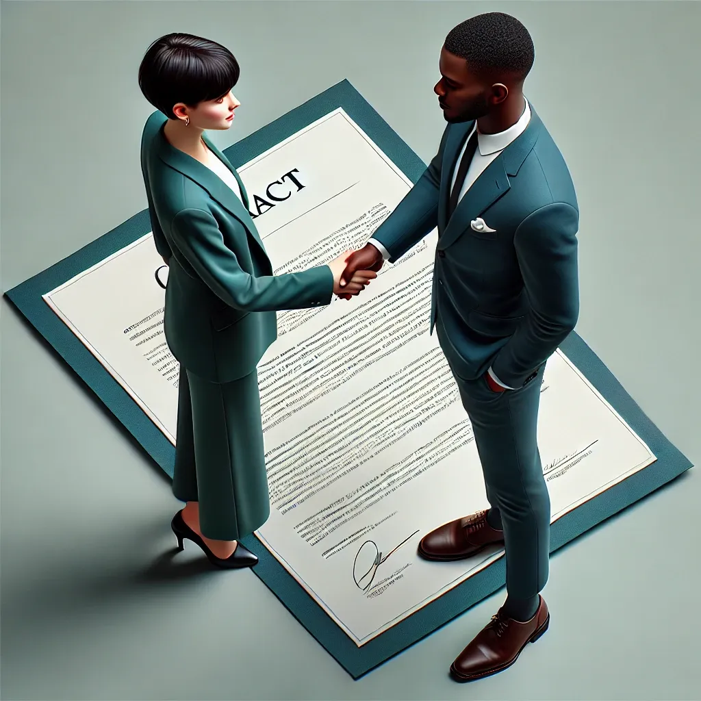 Illustration of a man and a woman in formal business attire shaking hands while standing on top of a large contract document. The contract features detailed text and signatures, symbolizing a formal business agreement.