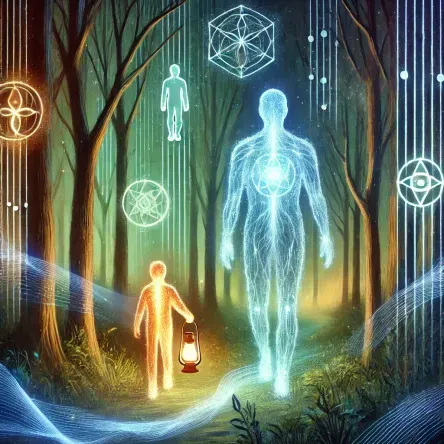 Spiritual digital painting of a father and son walking through a glowing forest trail, illuminated by Human Design and Gene Keys symbols. The father carries a lantern; the son holds a compass