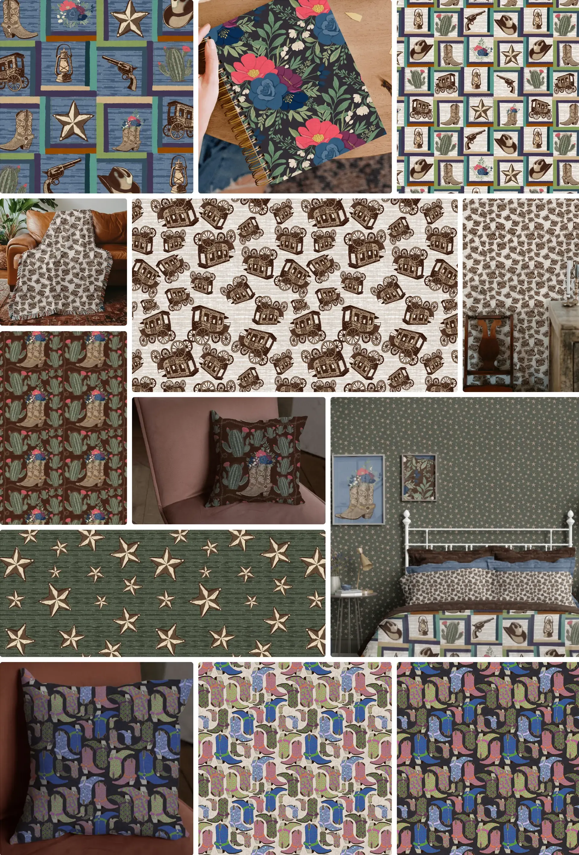 Rustic Americana collection board featuring western-inspired repeat patterns with cowboy hats, boots, cacti, wagons, stars, and bold florals in earthy brown, cream, denim blue, sage, and coral, along with the collection logo, styled throw blanket and tote bag mockups, fabric swatches, and multiple coordinating prints.