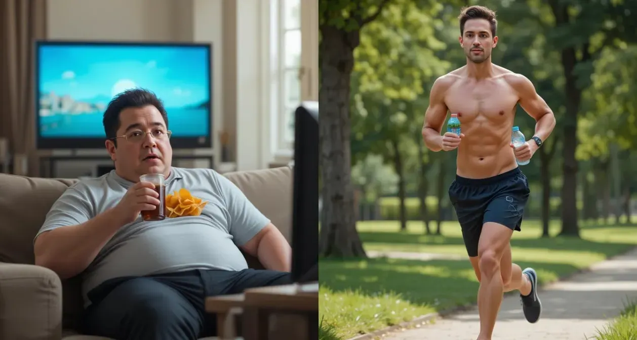 Split image of two versions of the same person — on one side is a slightly overweight man sitting on the couch watching tv eating chips and drinking a soda.  On the other side is a lean and fit man with no shirt on running in the park with a bottle of water in his hand