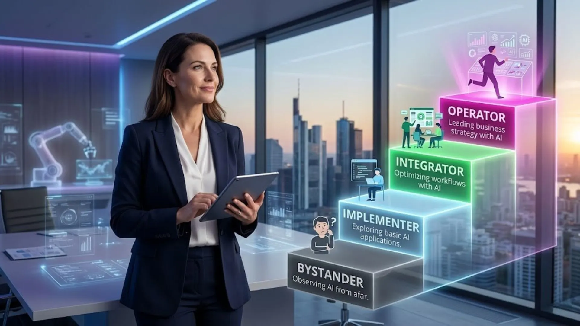 A confident business owner analyzing an AI readiness score progression chart.