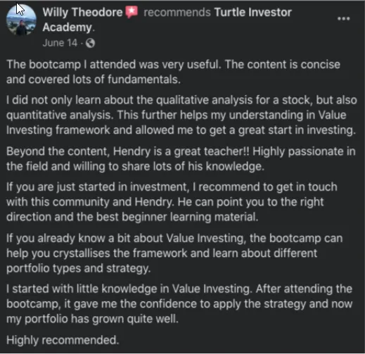 Satisfied investor Willy sharing his success story with Turtle Investor Academy