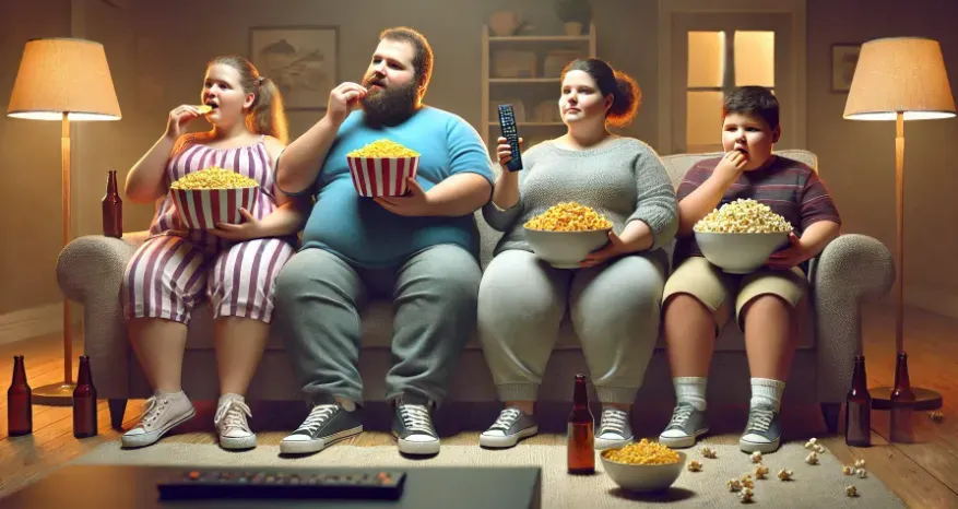 an overweight family sitting on a couch, watching TV, and eating junk food.