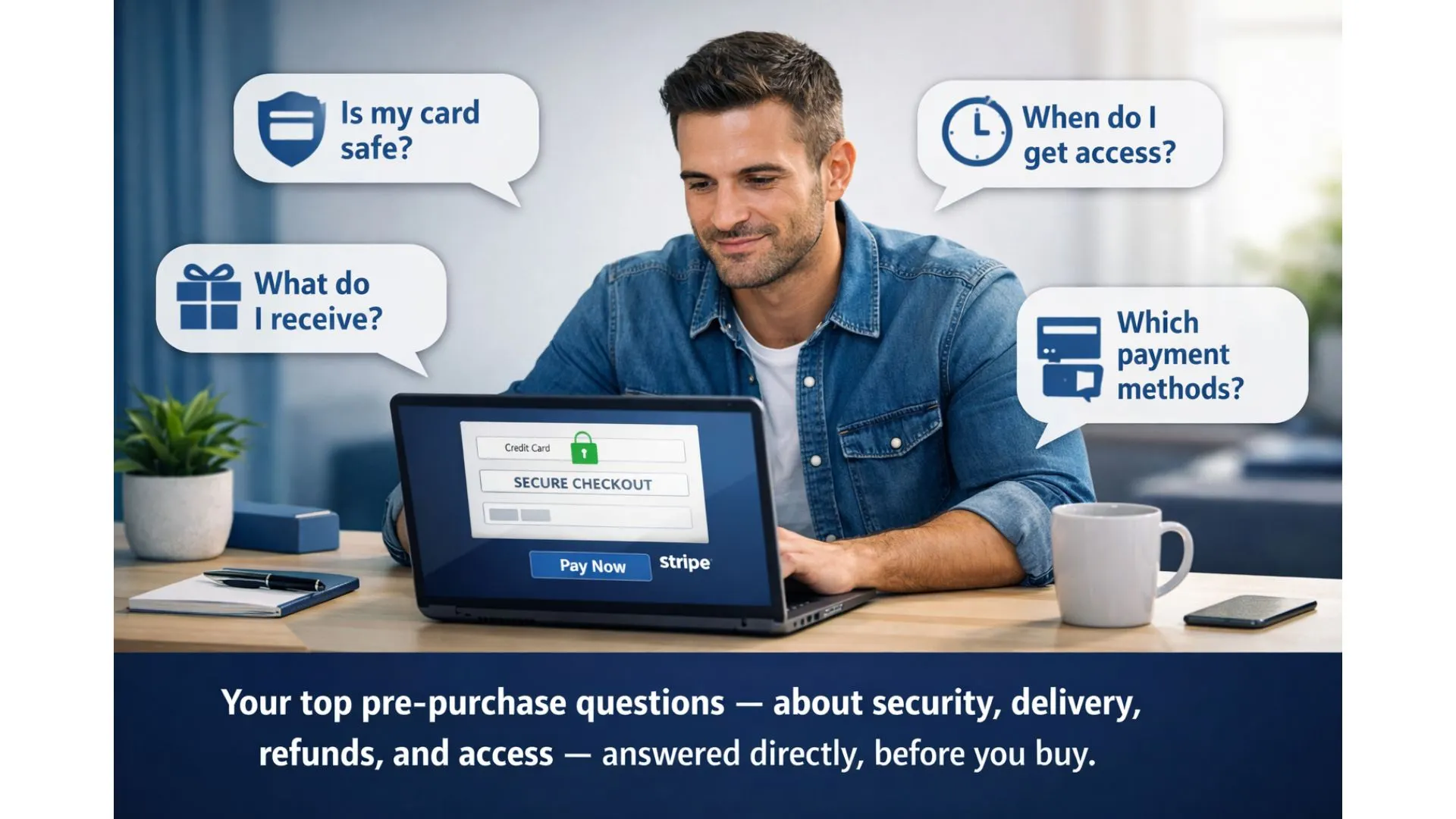 Small business owner with FAQ bubbles answering top Expert AI Prompts secure checkout questions 
