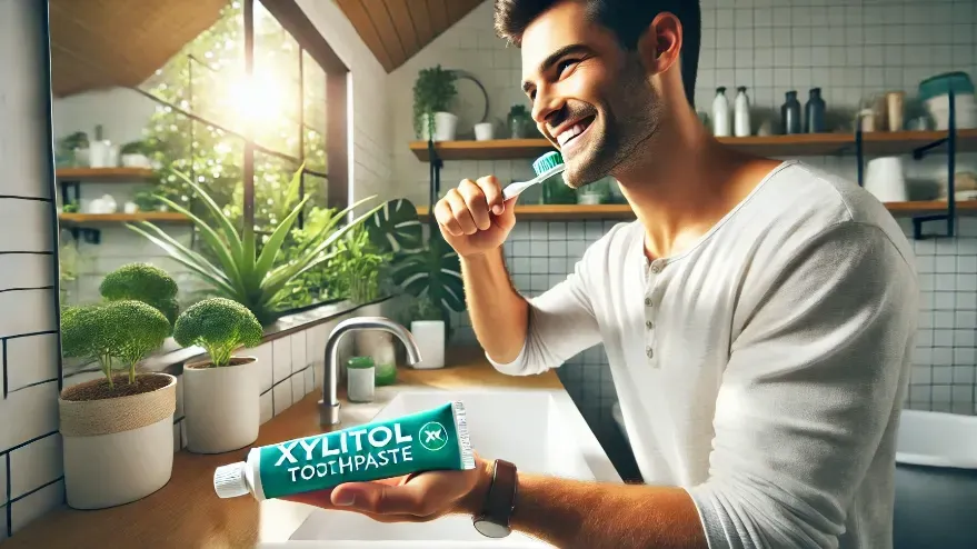 A man Brushing with Xylitol Toothpaste for Healthy Teeth