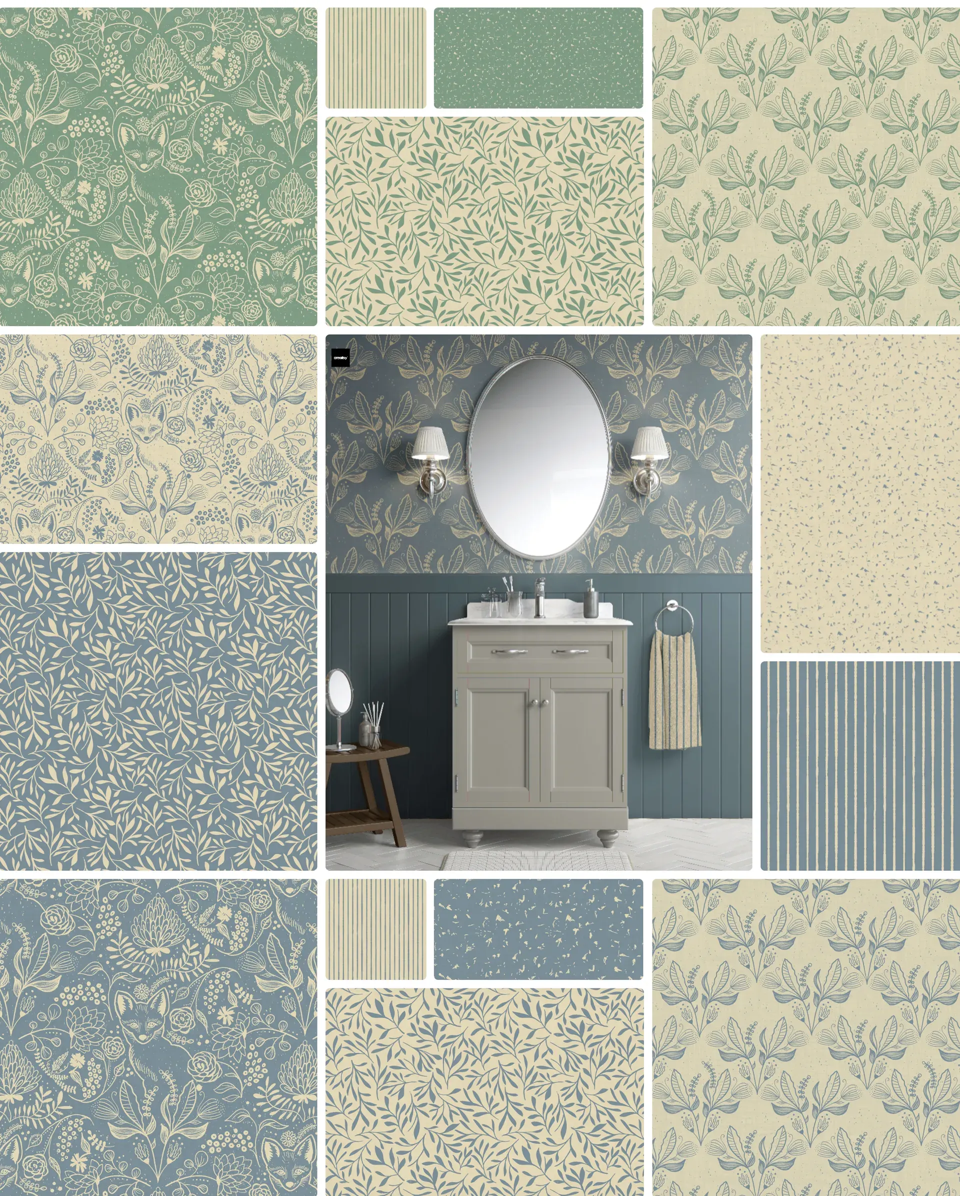 Woodland Whimsy collection board featuring hand-drawn fox and botanical repeat patterns in warm terracotta, cream, plum, and soft seafoam green, with stripe and speckled coordinates, collection logo, descriptive text, and a bedroom mockup showing the patterns styled as wallpaper and bedding.