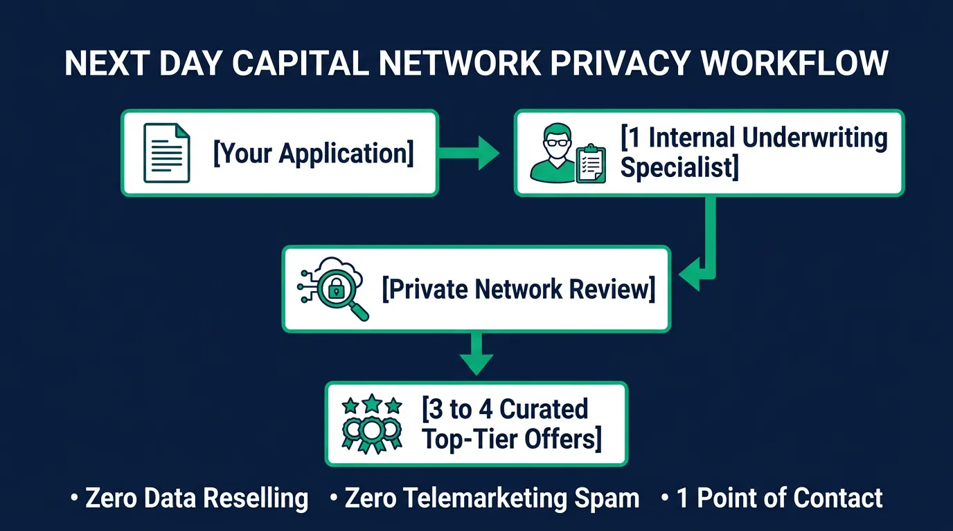 Info-graphic showing th Next Day Capital Network process with 1 client point of contact to offer