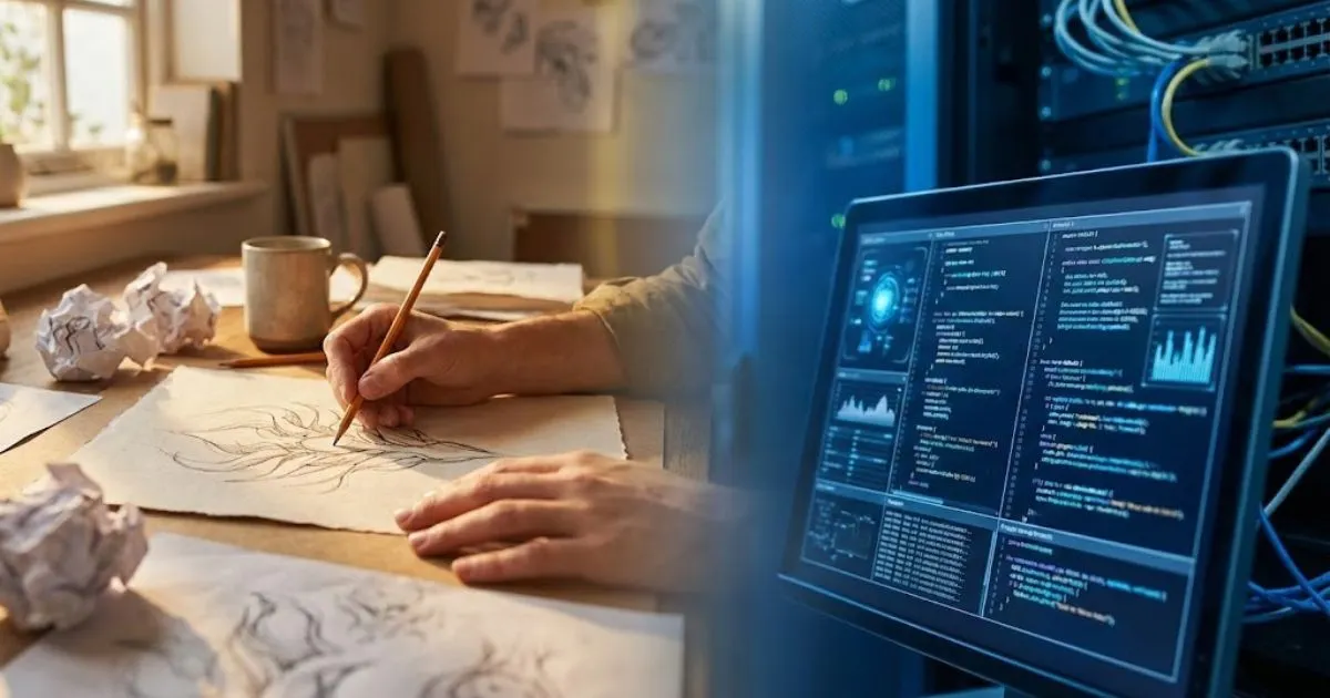 Split screen image comparing human creativity with AI data processing efficiency.