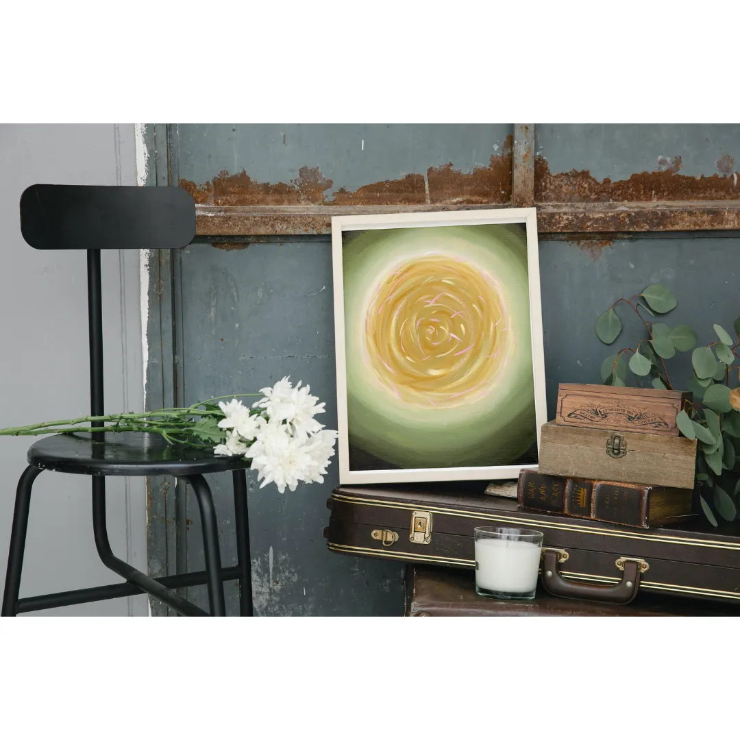 Framed Personal Alignment Painting in olive greens, golds with pink resting against old metal shed wall on top of vintage instrument with metal stool to the left, candles, white flowers.