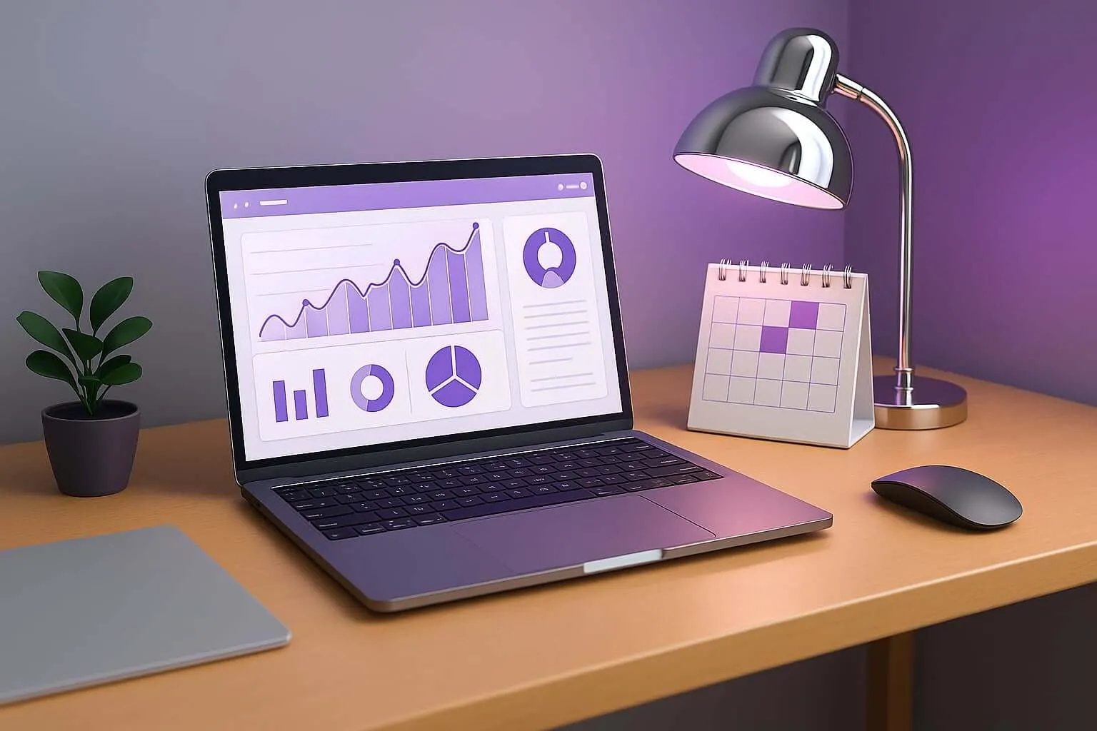 <alt=“Modern marketing workspace with analytics dashboard and chrome lamp casting purple light.”>