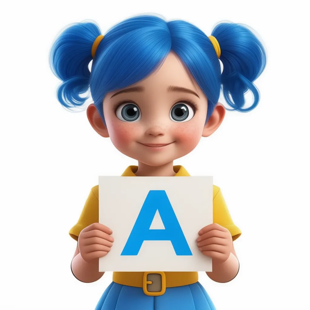 3D Pixar girl with blue hair holding the letter A 