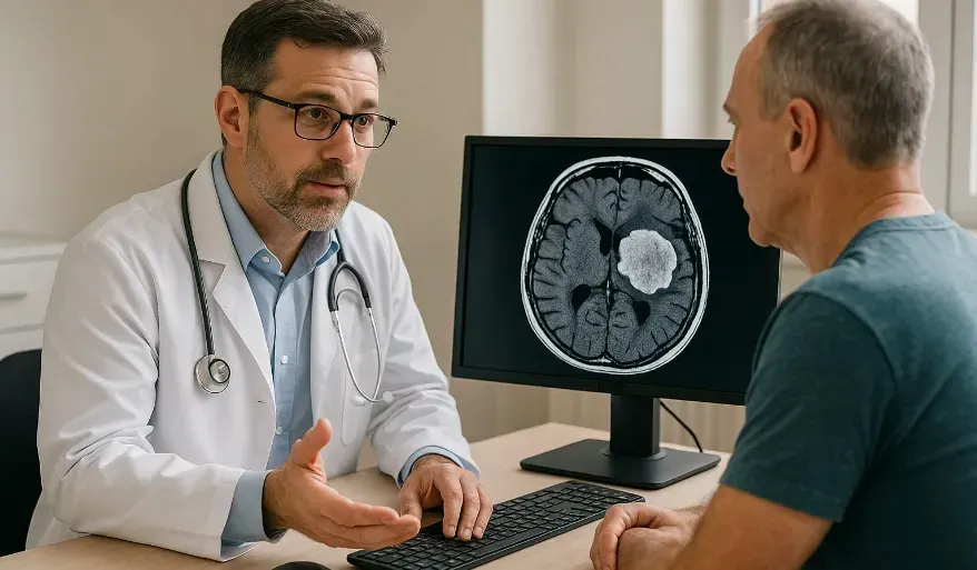 Doctor discussing imaging results with patient in a clinic, computer screen showing tumor scan.