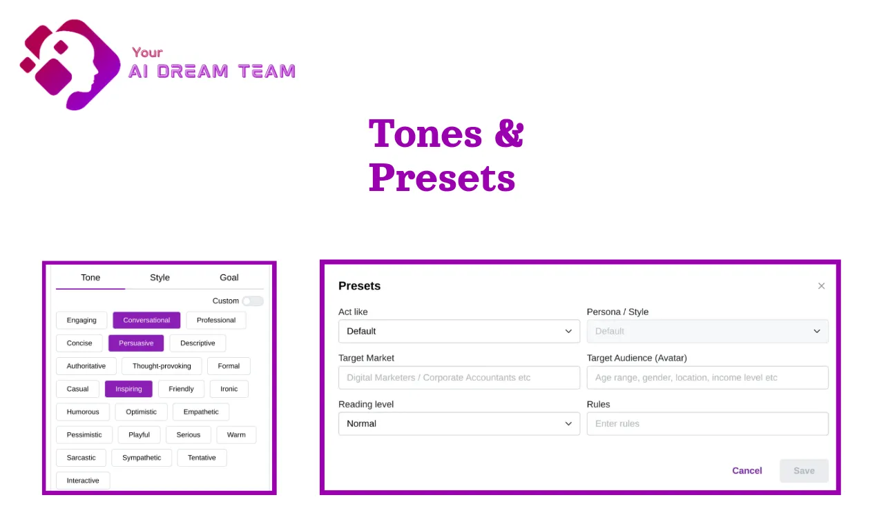 Show thumbnail preview A dream team of AI prompt tones and presets for affiliate marketing.