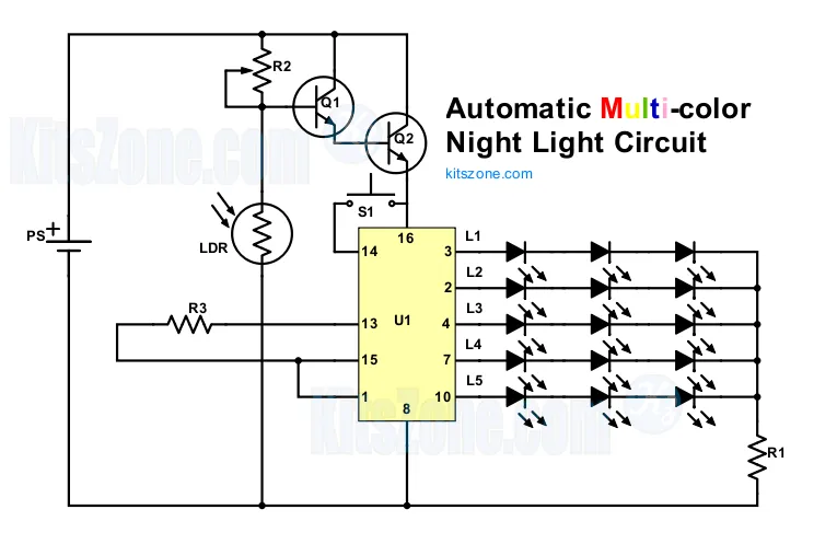 [Multi-Colour] Automatic Night Lamp Circuit Diagram Using LDR And CD4017