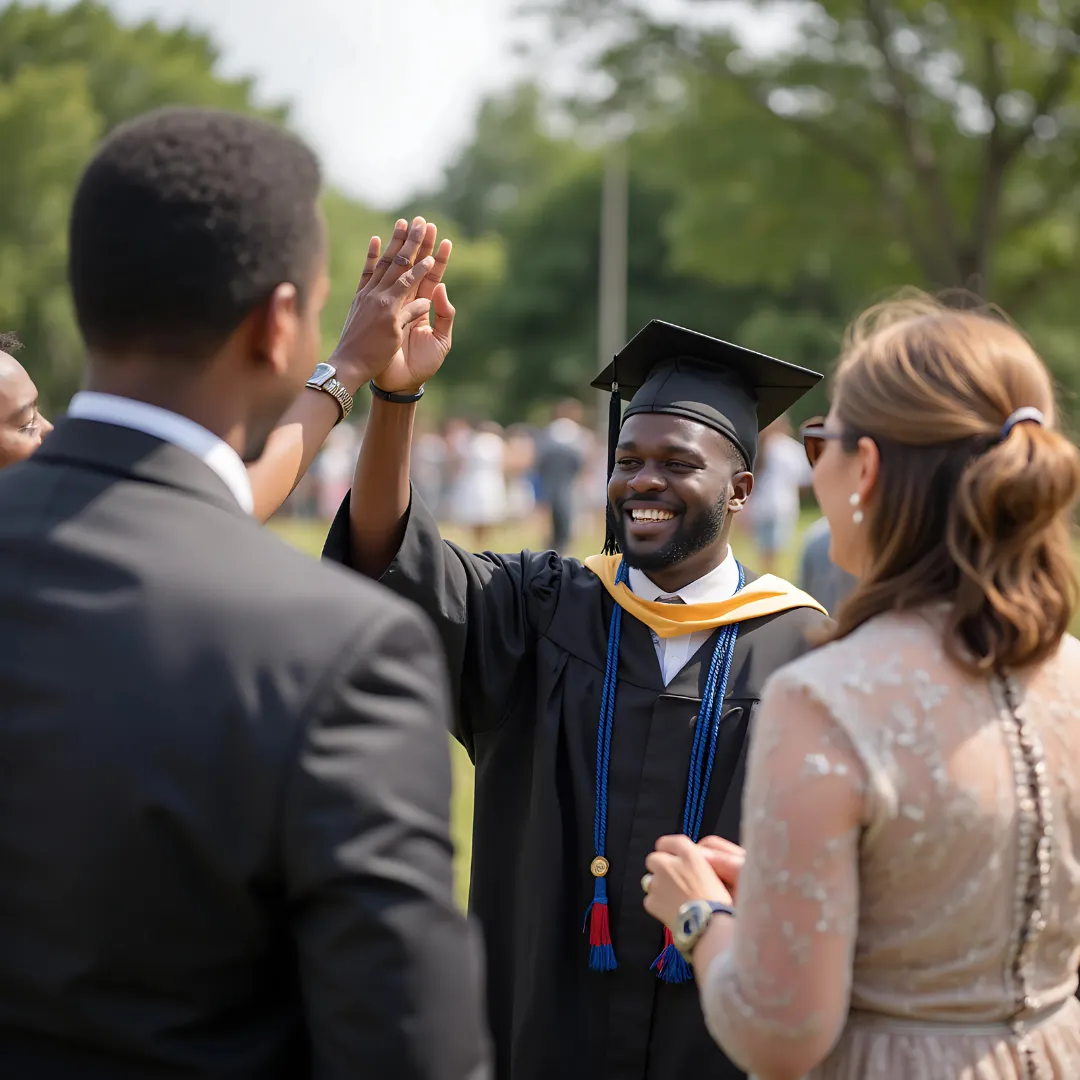 Young Black man graduate giving a high five
