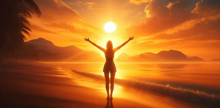  a woman on a beach at sunrise, embracing the warm morning light with arms outstretched. 