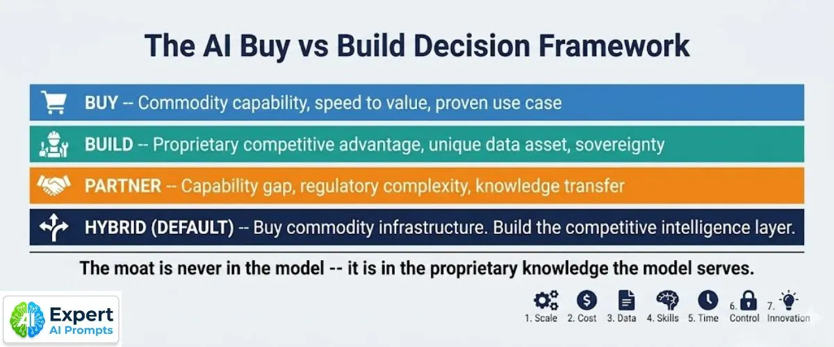 AI Buy vs Build Decision Framework -- four paths (Buy, Build, Partner, Hybrid) with the Hybrid default principle