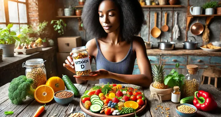 an attractive African American woman in a rustic kitchen, holding a Vitamin D bottle next to a vibrant vegetarian meal.