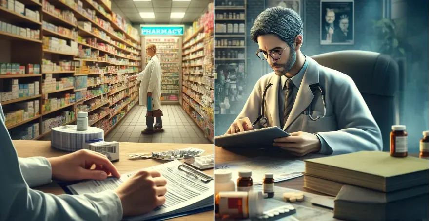 Two contrasting images: one showing a traditional medical prescription for cholesterol medication, and another depicting a skeptical doctor reviewing new research papers.