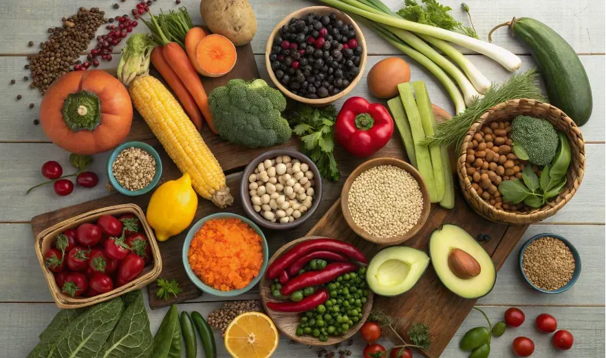 Assortment of 50 plant-based foods showcasing dietary diversity.