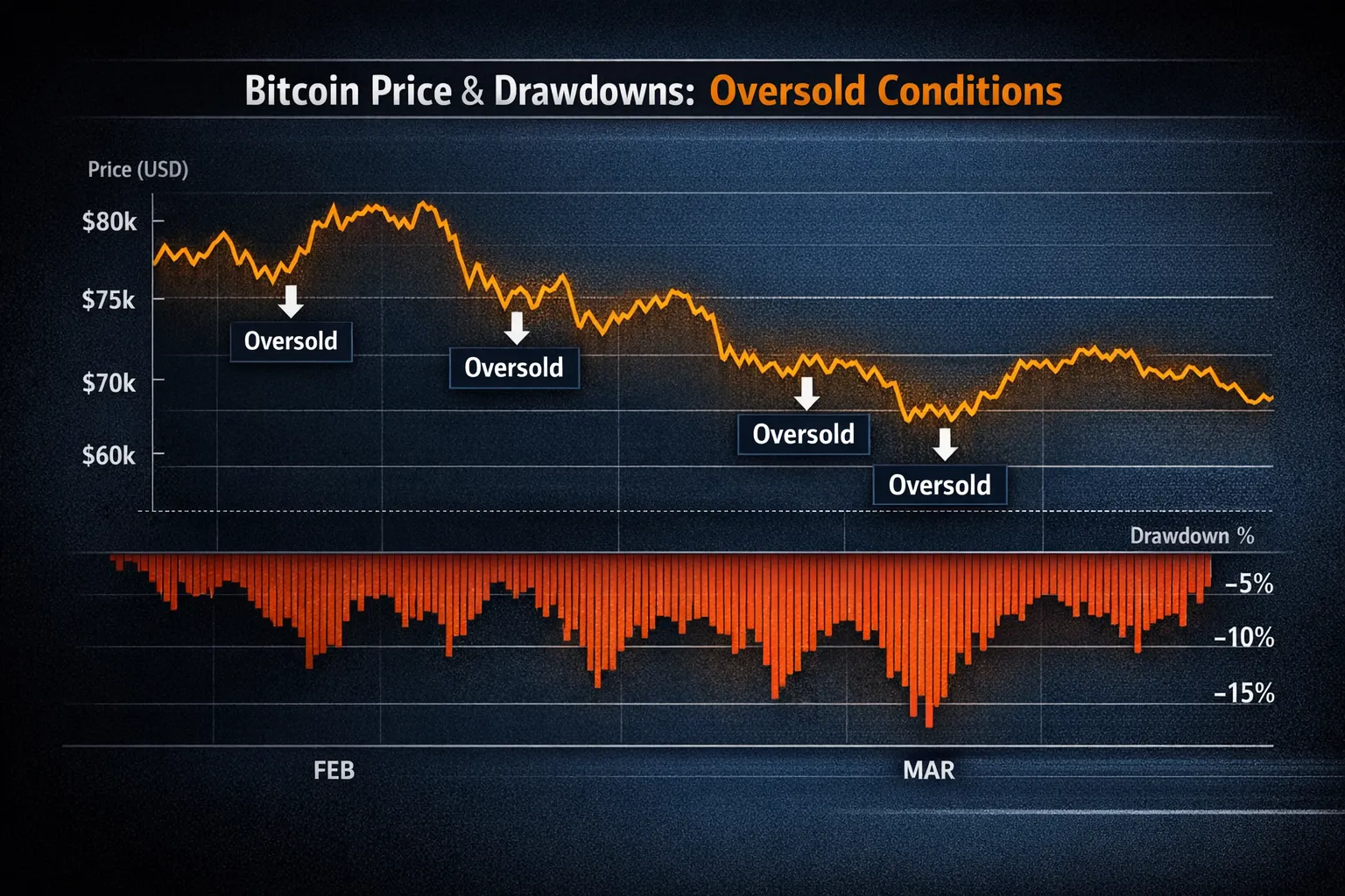 Chart titled ‘Bitcoin Price & Drawdowns: Oversold Conditions’ showing an orange BTC price line declining from late February into March, with three annotated oversold points marked by downward arrows. Below the price line, red drawdown bars highlight periods of −5% to −15% pullbacks. The chart uses a dark institutional background with clear separation between price action and drawdown intensity.