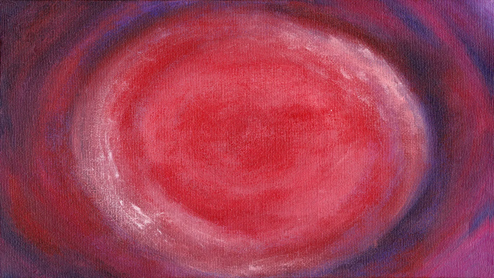 Acrylic abstract painting of a Lunar Blood Moon Eclipse shows a red sphere in center surrounded by circular red and blue tones