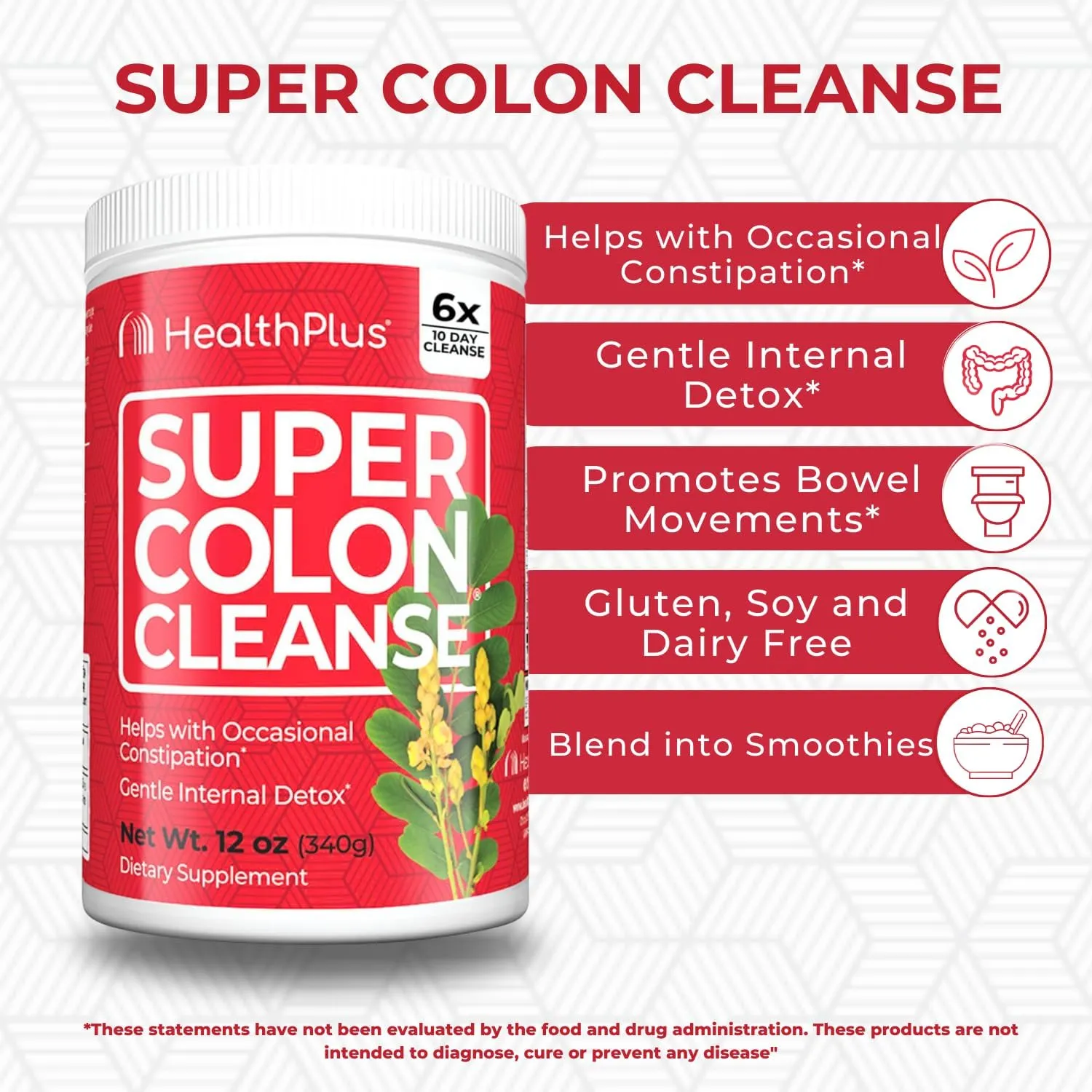 Health Plus Super Colon Cleanse, 12 oz Powder, 68 Servings - Natural Detox, Digestive Constipation Relief, Gentle Gut Cleanse with Psyllium Husk & Senna Leaf