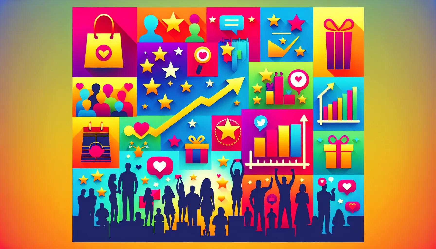 Colorful collage of icons and silhouettes representing social media, growth, audience engagement, and gift giving, with charts, stars, people, shopping bags, and heart symbols against a gradient background; this vivid tableau effectively illustrates how a loyalty program encourages sales and customer retention.