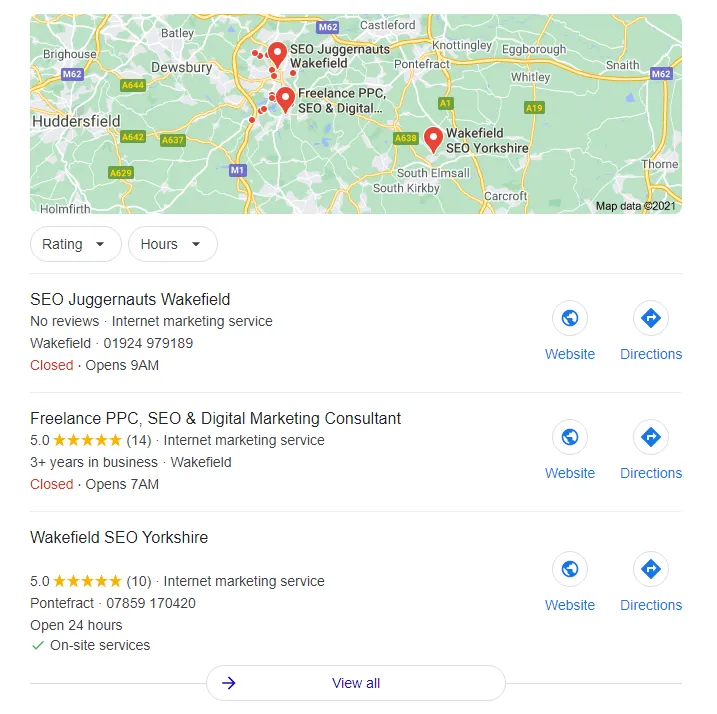 Google business profile results page