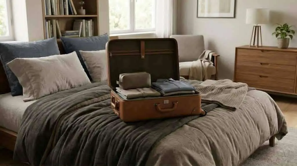 <alt=“Furnished bedroom with an open suitcase on the bed, representing AHA’s comfortable executive housing style.”>