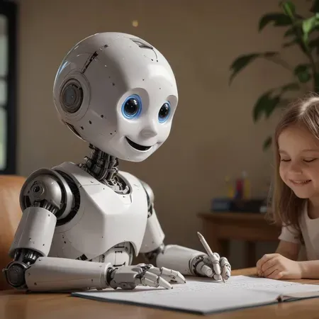 Conceptual image of a humanoid robot interacting with a human, showcasing AI in robotics