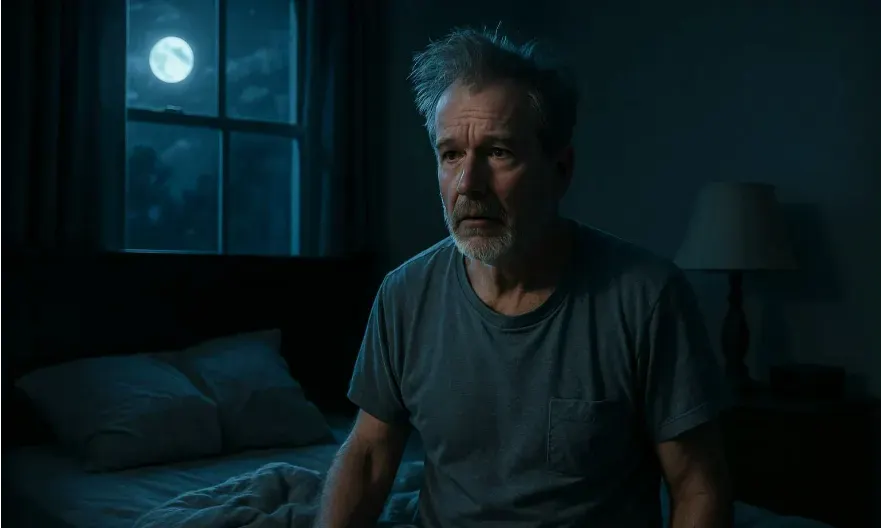  a man who appears to be just getting out of bed to pee at night.