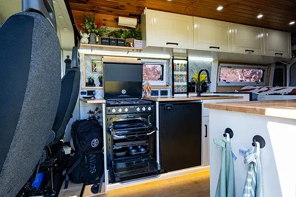 Thetford gas cooktop oven and grill inside campervan kitchen