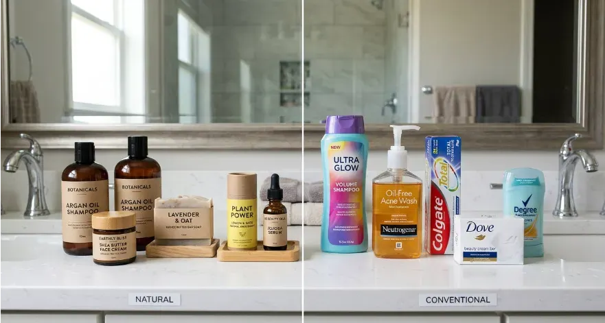 Side-by-side comparison of natural and conventional personal care products on a bathroom counter.