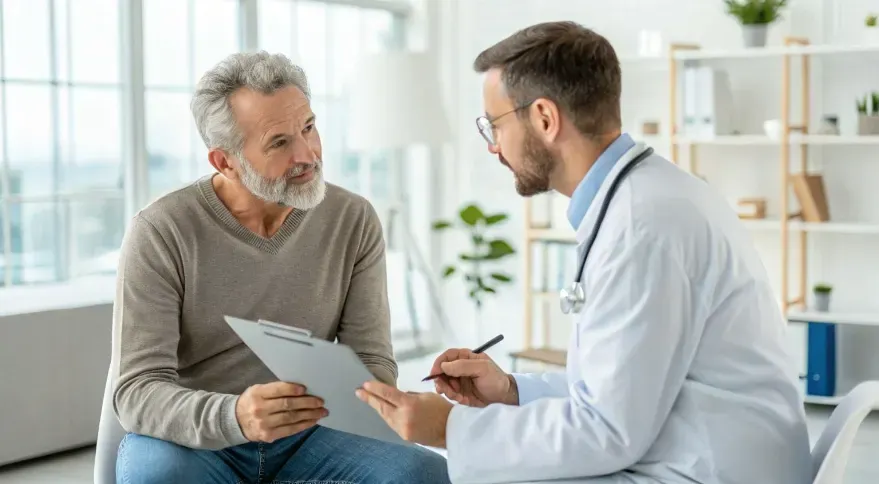 A middle-aged man discussing with a doctor during a routine checkup in a bright, modern clinic setting. 