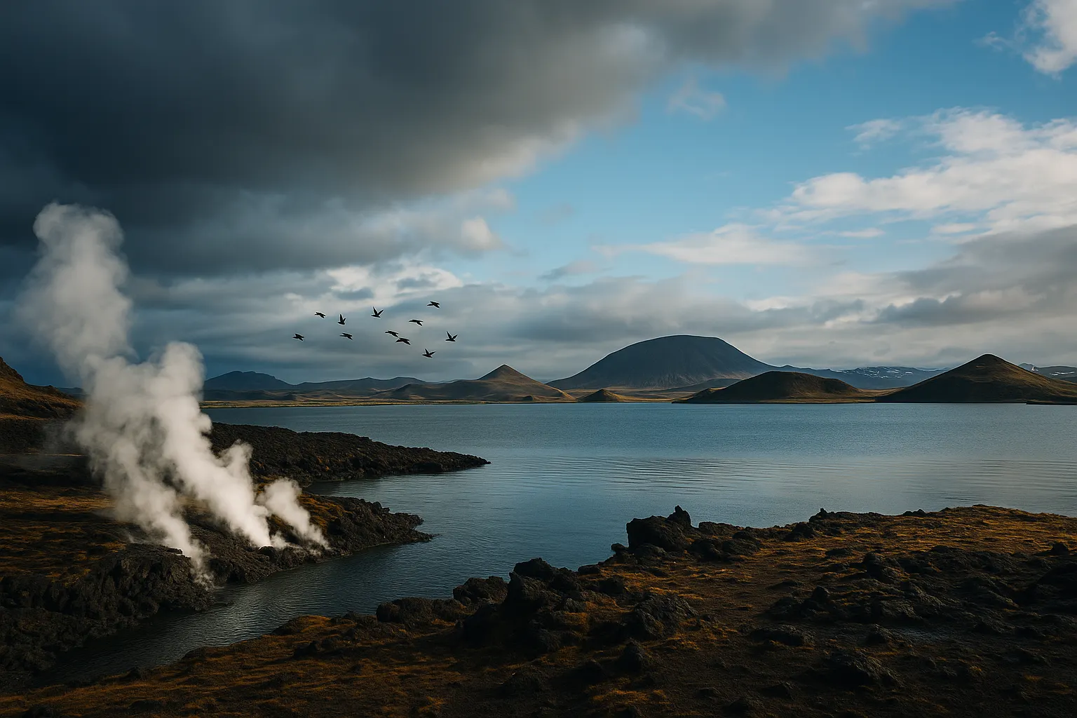 Steam rising from the shores of Lake Mývatn surrounded by volcanic terrain