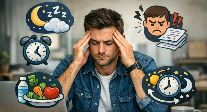 Image showing a person sitting at a desk looking exhausted while icons around them represent sleep, stress, nutrition, and circadian rhythm factors.