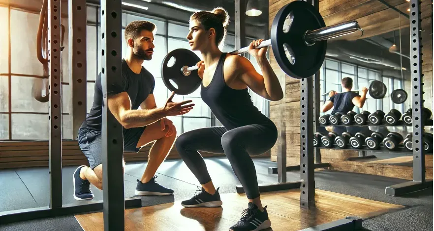 Trainer demonstrating proper squat technique with full range of motion.