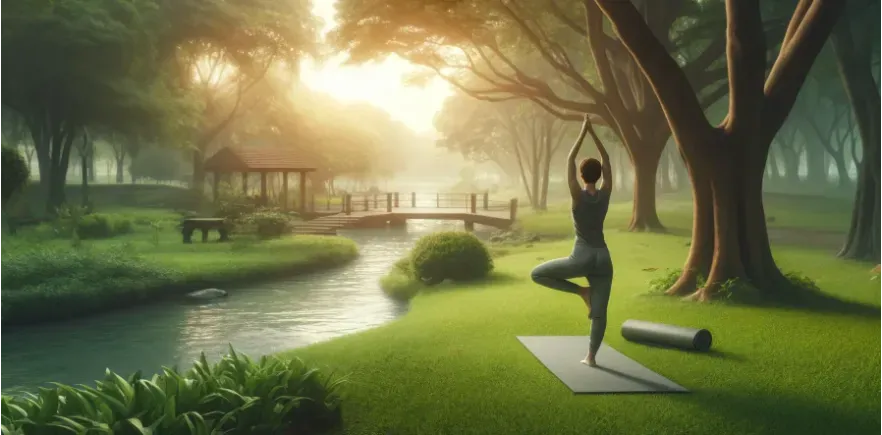 a person practicing yoga in a tranquil park.