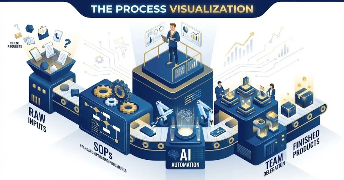 Isometric illustration of an agency workflow system with the owner overseeing operations.