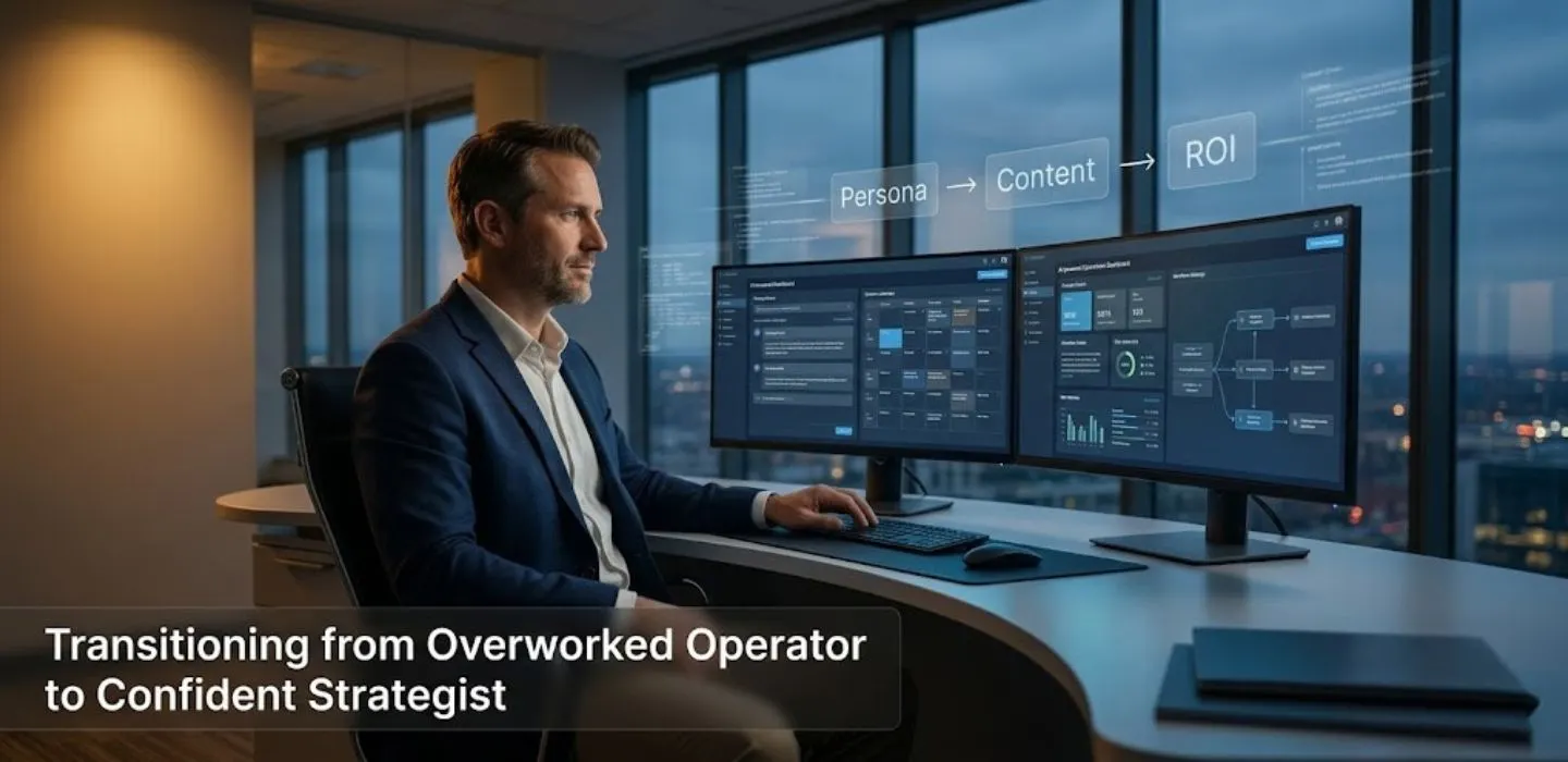 A confident executive strategist commanding an AI-powered operations dashboard — representing the transition from overworked operator to confident strategist with Expert AI Prompts