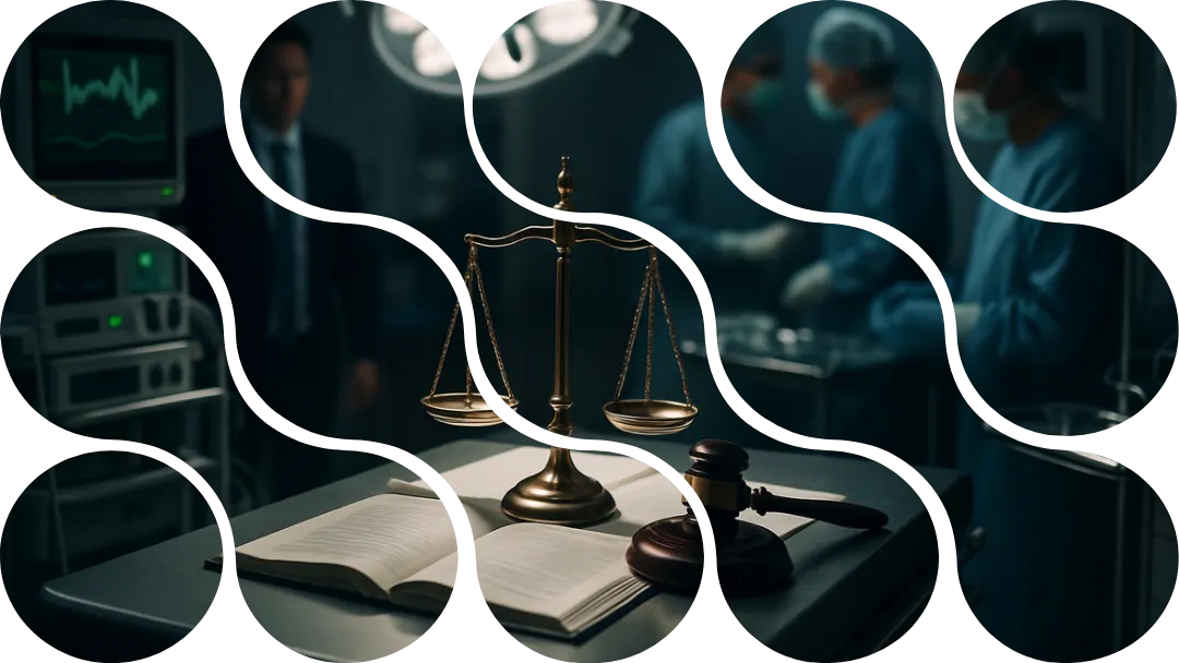 Livros, uma balança e um martelo de juiz sobre uma mesa de cirurgia