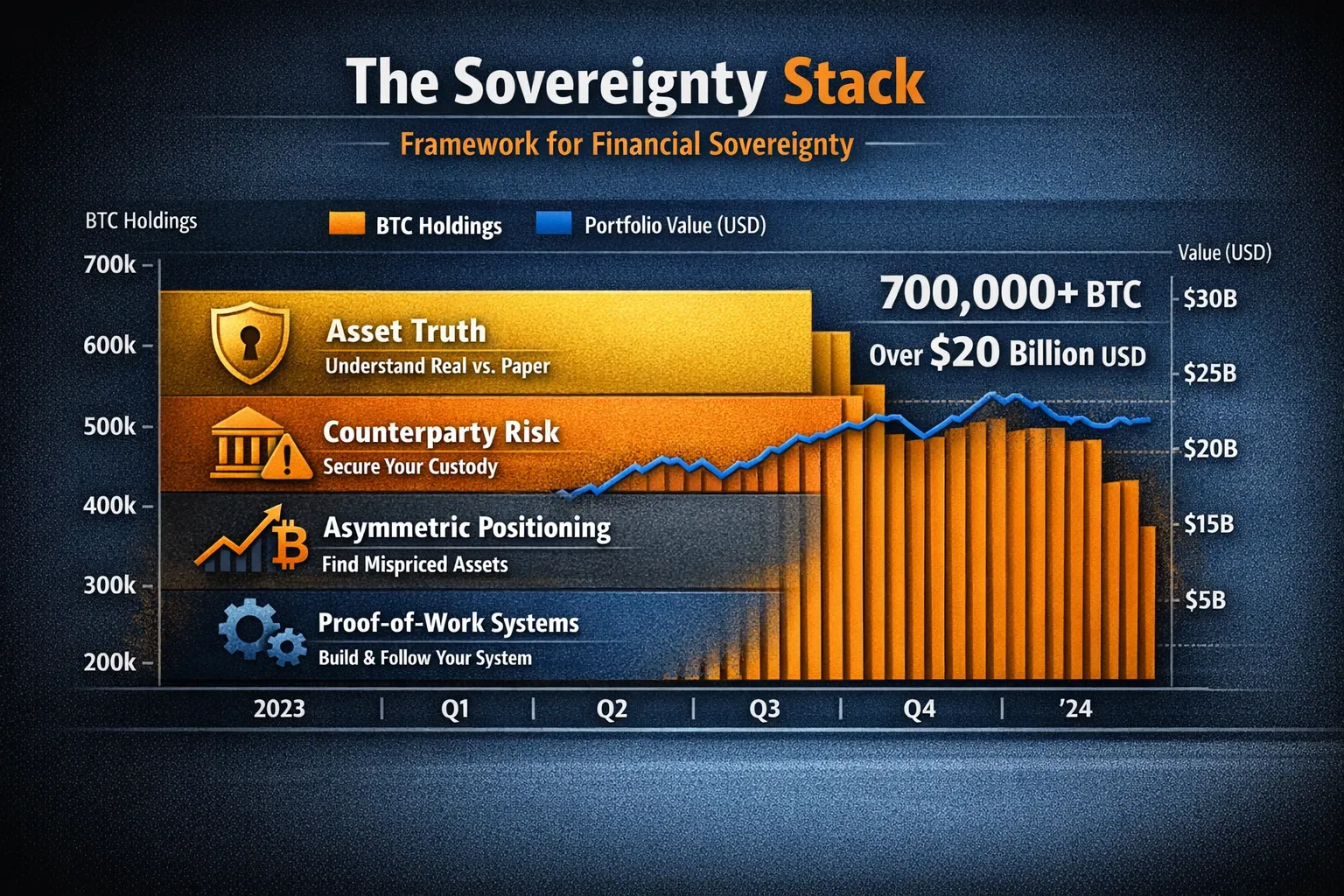 Infographic titled ‘The Sovereignty Stack: Framework for Financial Sovereignty’ showing four horizontal layers — Asset Truth, Counterparty Risk, Asymmetric Positioning, and Proof-of-Work Systems — each with icons and subtext explaining their role in building sovereign financial systems. 