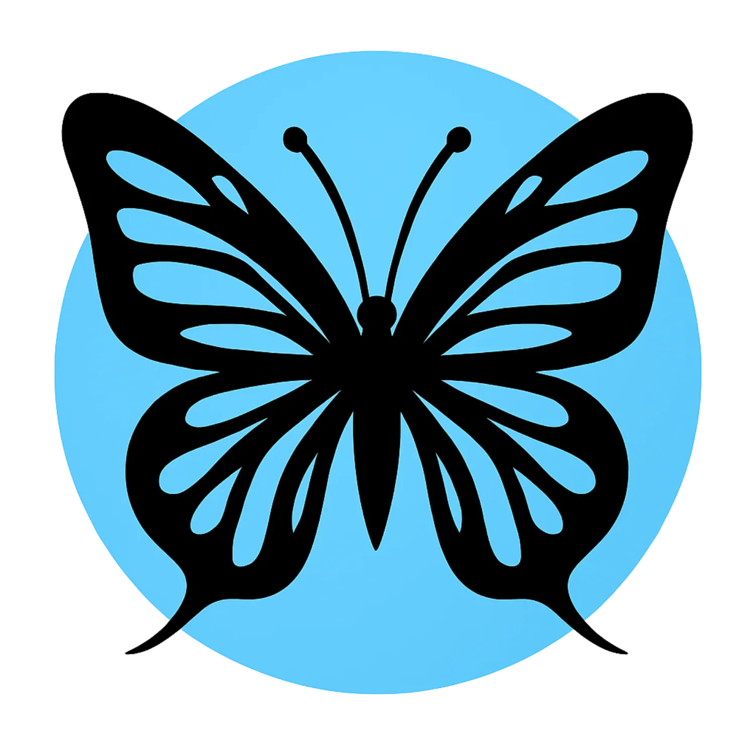 Stylized black butterfly silhouette with decorative wing patterns displayed over a light blue circular background. The simple, elegant icon symbolizes transformation, growth, renewal, freedom, and personal development, making it suitable for wellness brands, coaching programs, health education materials, and logo design.